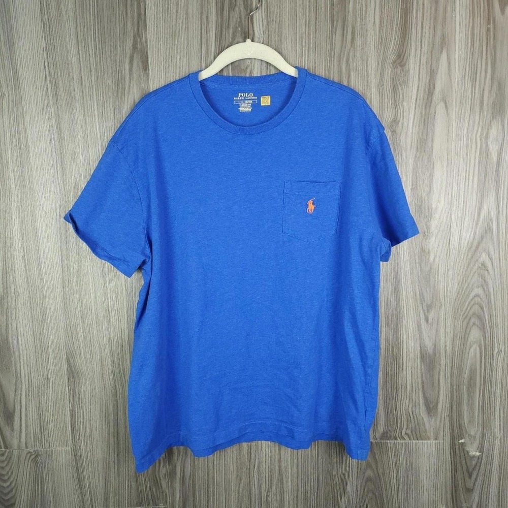 Polo Ralph Lauren Mens Classic Fit Pocket T-Shirt Blue Heather Orange Pony LG